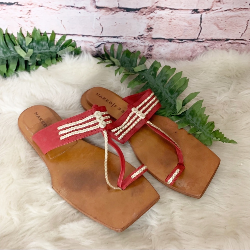 Naked Feet Red Leather Sandals Size 7